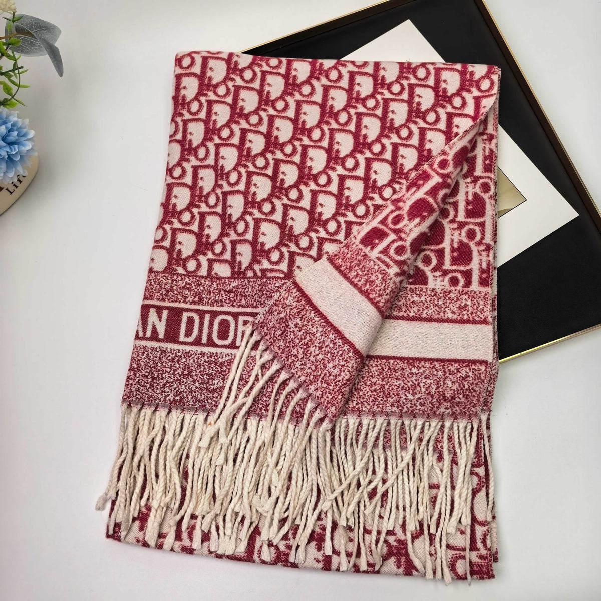Dior Style Oblique Logo Fringe Scarf